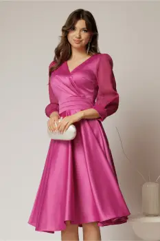 Rochie DY Fashion midi fucsia din tafta cu maneci din voal cu lurex imagine