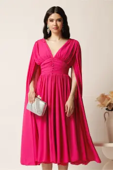 Rochie DY Fashion midi fucsia din voal in clos cu nasturi si maneci ample imagine