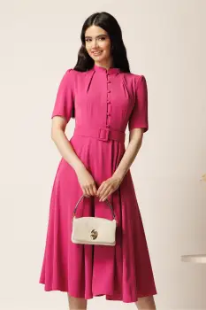 Rochie DY Fashion midi fucsia in clos din triplu voal cu nasturi la bust si curea in talie imagine
