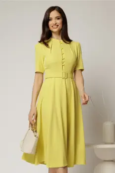 Rochie DY Fashion midi galben lime in clos din triplu voal cu nasturi la bust si curea in talie imagine