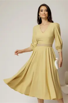 Rochie DY Fashion midi galbena cu banda decorativa pe talie si mansete imagine