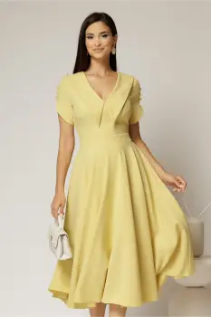 Rochie DY Fashion midi galbena cu guler ascutit si maneci scurte cu nasturi imagine