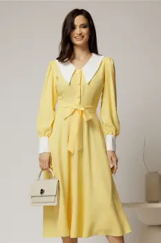 Rochie DY Fashion midi galbena cu guler si mansete in contrast imagine