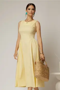 Rochie DY Fashion midi galbena din bumbac cu cret pe solduri imagine