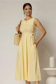 Rochie DY Fashion midi galbena din bumbac cu nasturi si cusaturi pe talie imagine