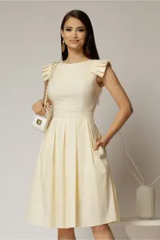 Rochie DY Fashion midi galbena din poplin in clos cu volane la umeri imagine