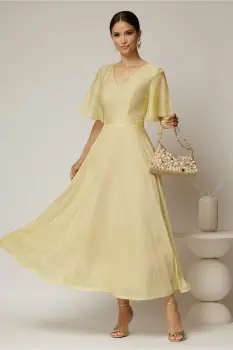 Rochie DY Fashion midi galbena din tencel cu insertii sidefate imagine
