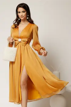 Rochie DY Fashion midi galbena din voal in clos cu funda maxi in talie imagine