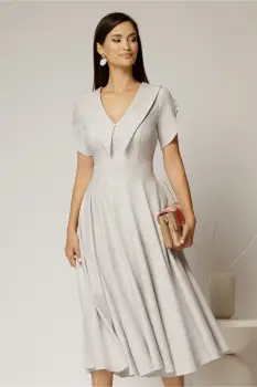 Rochie DY Fashion midi gri cu guler ascutit si maneci scurte cu nasturi imagine