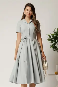 Rochie DY Fashion midi gri din stofa subtire cu cordon si buzunare imagine