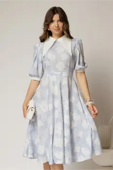 Rochie DY Fashion midi imprimeu floral bleu cu guler ascutit si maneci bufante imagine