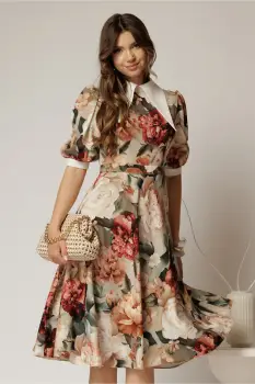 Rochie DY Fashion midi imprimeu floral rosu cu guler ascutit si maneci bufante imagine