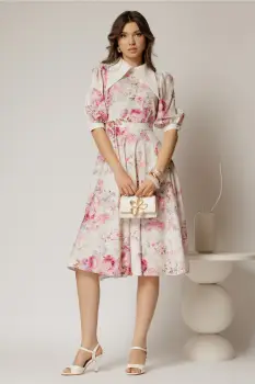 Rochie DY Fashion midi imprimeu floral roz cu guler ascutit si maneci bufante imagine