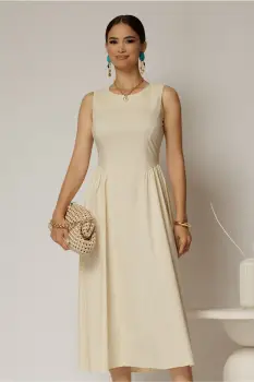 Rochie DY Fashion midi ivoar unt din bumbac cu cret pe solduri imagine
