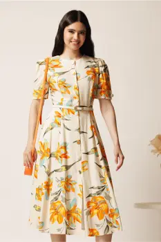 Rochie DY Fashion midi ivory in clos cu imprimeuri portocalii si curea in talie imagine