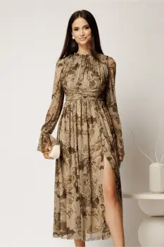 Rochie DY Fashion midi kaki cu imprimeu din tulle fin in clos cu crapatura pe picior imagine