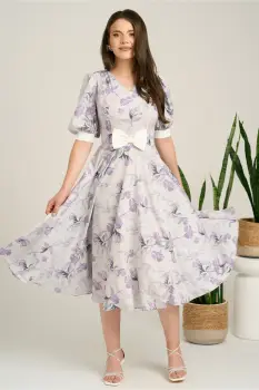 Rochie DY Fashion midi lila din satin in clos cu print mov si funda in talie imagine
