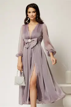 Rochie DY Fashion midi lila din voal in clos cu funda maxi in talie imagine