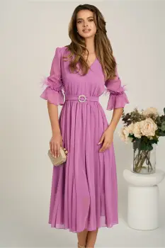 Rochie DY Fashion midi lila din voal in clos cu pene la maneci si accesoriu in talie imagine