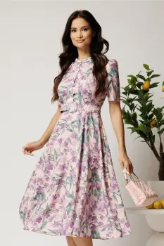 Rochie DY Fashion midi lila in clos din triplu voal cu imprimeu floral si curea in talie imagine