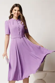 Rochie DY Fashion midi lila in clos din triplu voal cu nasturi la bust si curea in talie imagine