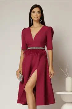 Rochie DY Fashion midi magenta cu cordon cu pene si perle in talie imagine