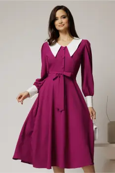 Rochie DY Fashion midi magenta cu guler si mansete in contrast imagine