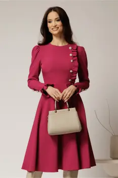 Rochie DY Fashion midi magenta cu nasturi si volanase la bust imagine