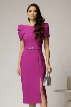Rochie DY Fashion midi magenta de ocazie cu umeri bufanti si cordon detasabil imagine