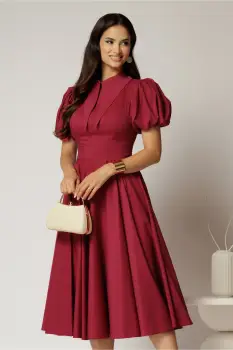 Rochie DY Fashion midi magenta din poplin cu guler ascutit si maneci scurte bufante imagine