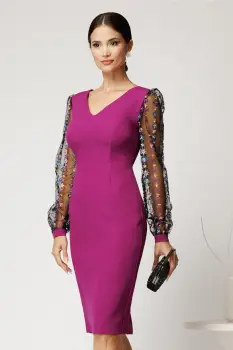 Rochie DY Fashion midi magenta din stofa conica cu maneci din dantela imagine