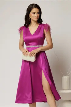 Rochie DY Fashion midi magenta din tafta cu pene la umeri imagine