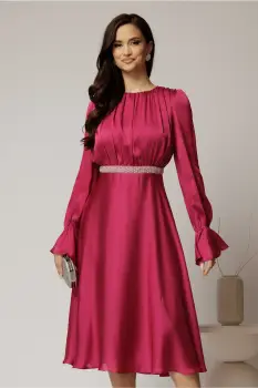Rochie DY Fashion midi magenta din voal satinat in clos cu perle in talie imagine
