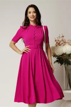 Rochie DY Fashion midi magenta in clos din triplu voal cu nasturi la bust si curea in talie imagine