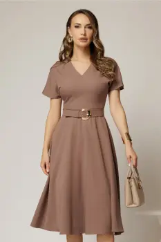 Rochie DY Fashion midi maro cu decolteu in V si curea in talie imagine