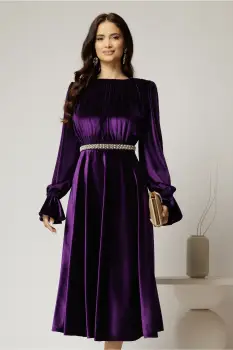 Rochie DY Fashion midi mov din catifea cu perle pe talie imagine
