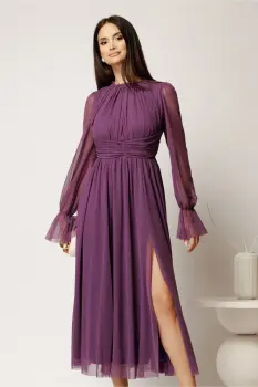 Rochie DY Fashion midi mov din tulle fin in clos cu crapatura pe picior imagine