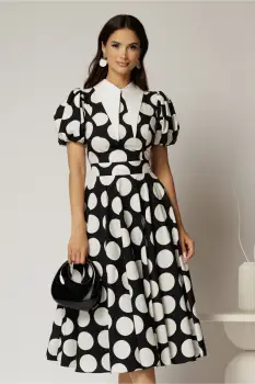 Rochie DY Fashion midi neagra cu buline din poplin cu guer ascutit si maneci scurte bufante imagine