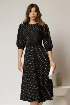 Rochie DY Fashion midi neagra cu buline si funda ampla pe umar imagine