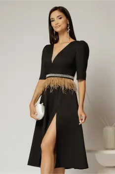 Rochie DY Fashion midi neagra cu cordon cu pene si perle in talie imagine