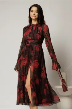 Rochie DY Fashion midi neagra cu imprimeu rosu din tulle fin in clos cu crapatura pe picior imagine