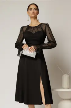 Rochie DY Fashion midi neagra de ocazie cu voal la bust imagine