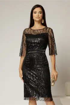 Rochie DY Fashion midi neagra din paiete si margele elegante imagine