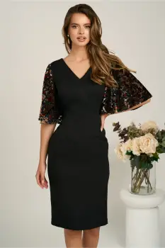 Rochie DY Fashion midi neagra din stofa conica cu maneci cu insertii catilefate maro imagine