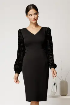 Rochie DY Fashion midi neagra din stofa conica cu maneci din dantela imagine