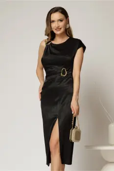 Rochie DY Fashion midi neagra din viscoza conica cu aspect sidefat si accesoriu in talie imagine