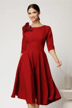 Rochie DY Fashion midi rosie din stofa in clos cu floare la bust imagine