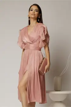 Rochie DY Fashion midi roz cu manecile suprapuse si decolteu petrecut imagine
