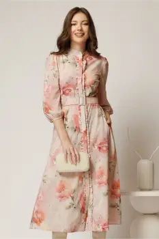 Rochie DY Fashion midi roz deschis cu imprimeu cu maneci bufante si curea in talie imagine