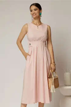 Rochie DY Fashion midi roz din bumbac cu nasturi si cusaturi pe talie imagine